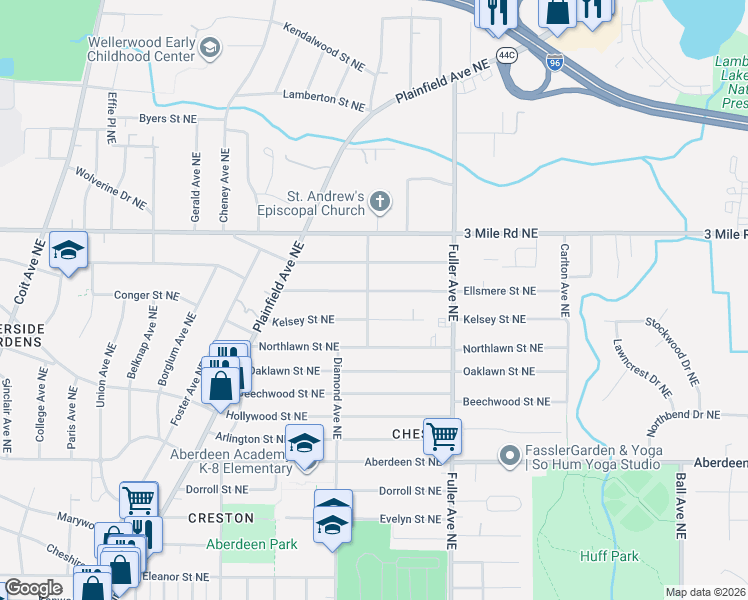 map of restaurants, bars, coffee shops, grocery stores, and more near 1055 Kelsey Street Northeast in Grand Rapids