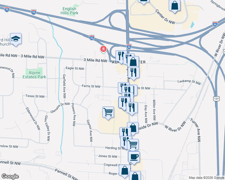 map of restaurants, bars, coffee shops, grocery stores, and more near 841 Barbara Street Northwest in Grand Rapids