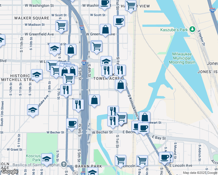 map of restaurants, bars, coffee shops, grocery stores, and more near in Milwaukee