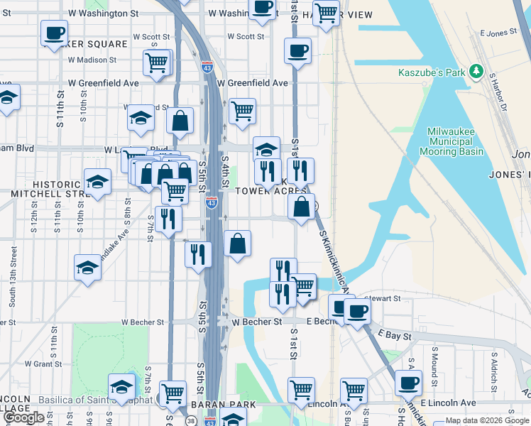 map of restaurants, bars, coffee shops, grocery stores, and more near 220-222 West Maple Street in Milwaukee