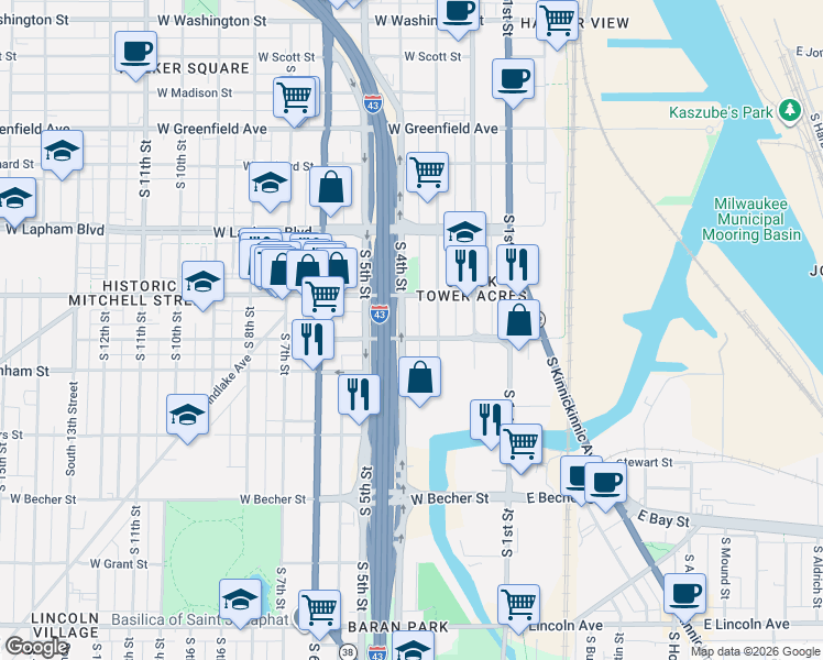 map of restaurants, bars, coffee shops, grocery stores, and more near 333-339 West Maple Street in Milwaukee