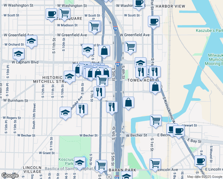 map of restaurants, bars, coffee shops, grocery stores, and more near 500 West Maple Street in Milwaukee