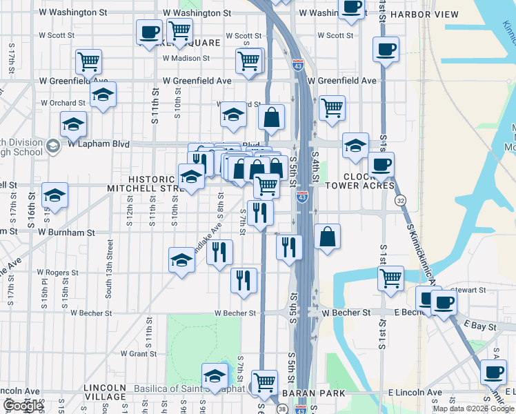 map of restaurants, bars, coffee shops, grocery stores, and more near 627 West Maple Street in Milwaukee