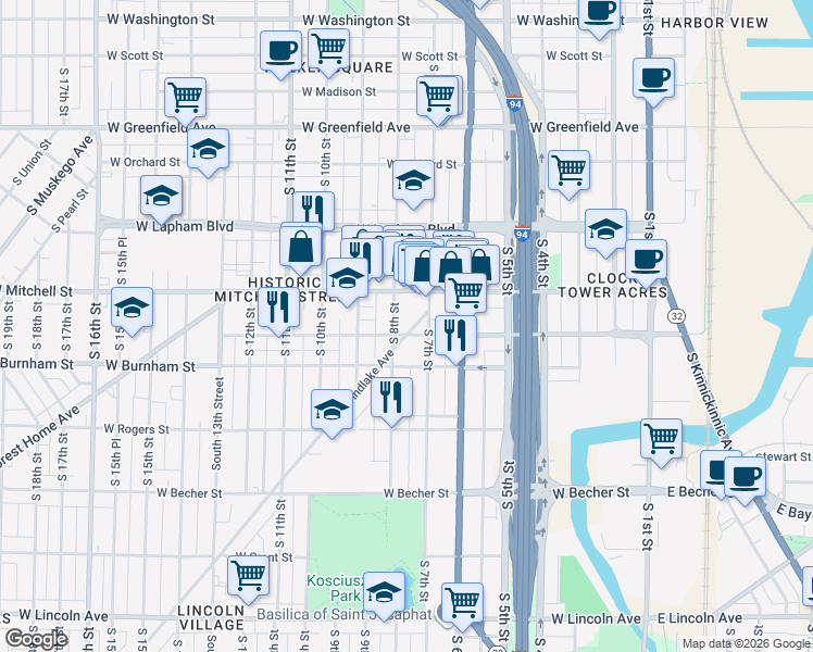 map of restaurants, bars, coffee shops, grocery stores, and more near 1800 South 8th Street in Milwaukee