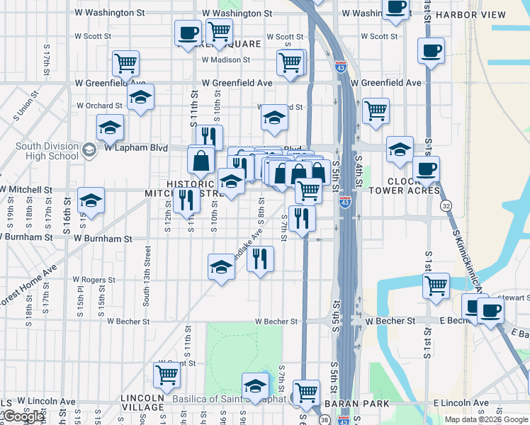 map of restaurants, bars, coffee shops, grocery stores, and more near 1800 South 8th Street in Milwaukee