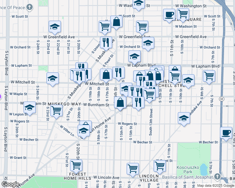 map of restaurants, bars, coffee shops, grocery stores, and more near 1800 South 16th Street in Milwaukee