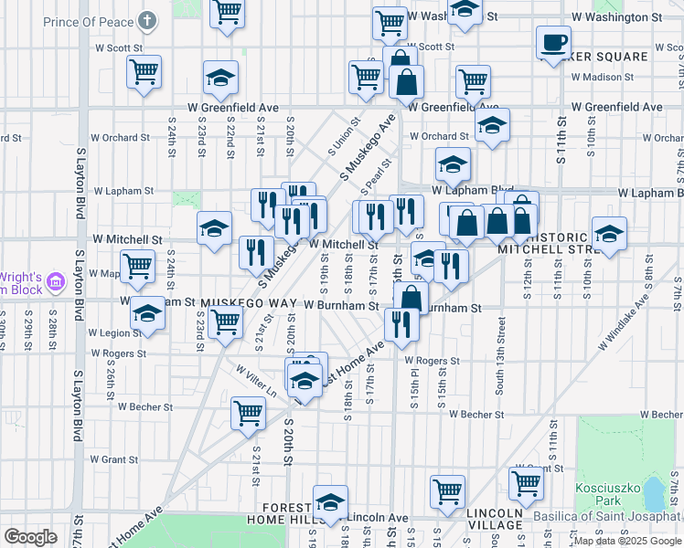 map of restaurants, bars, coffee shops, grocery stores, and more near 1808 South 19th Street in Milwaukee