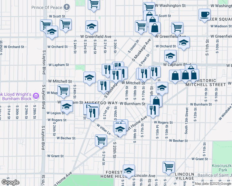 map of restaurants, bars, coffee shops, grocery stores, and more near 1770 South Pearl Street in Milwaukee