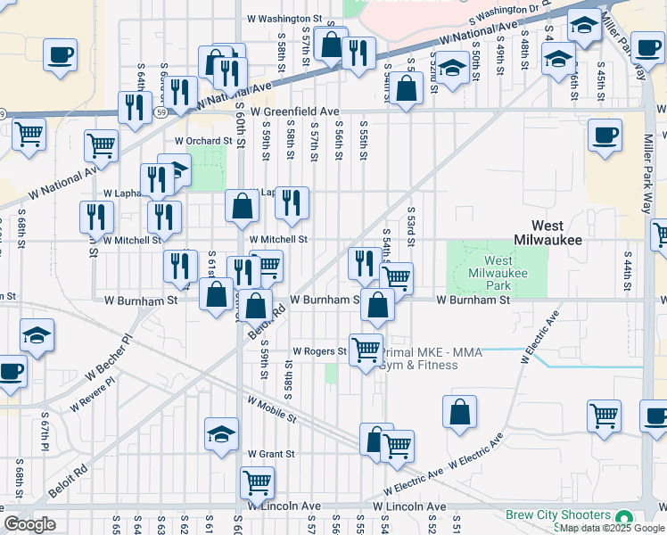 map of restaurants, bars, coffee shops, grocery stores, and more near 1756 South 56th Street in West Allis