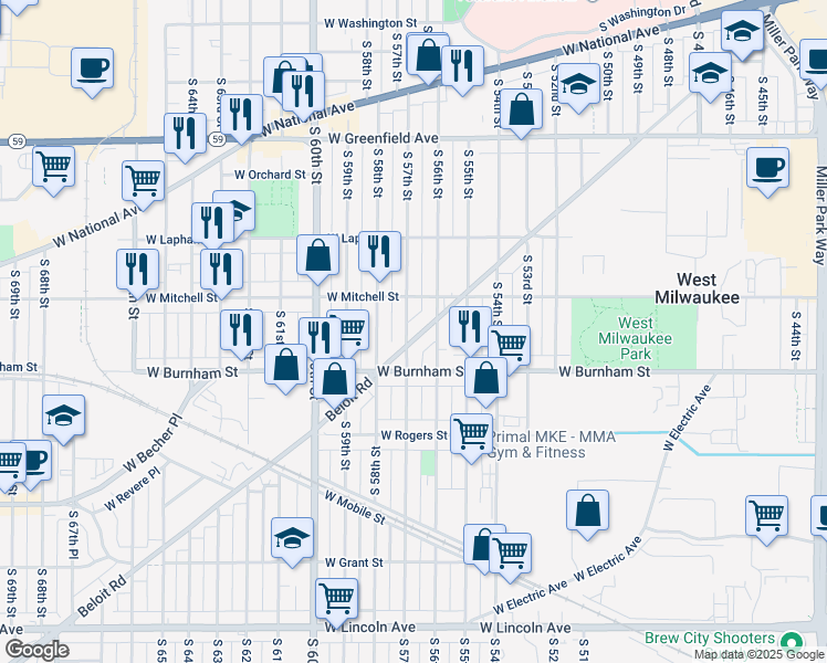 map of restaurants, bars, coffee shops, grocery stores, and more near 5704 Beloit Road in West Allis