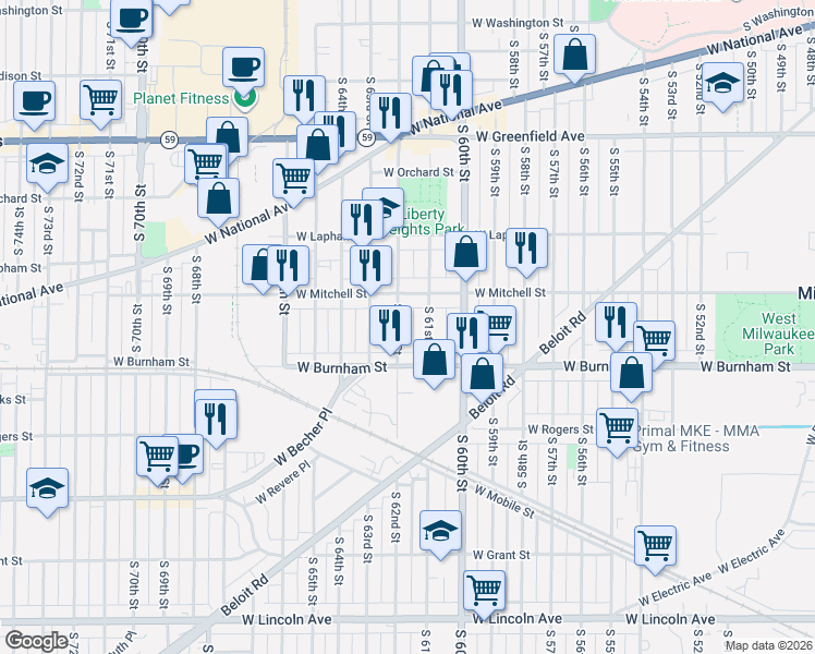 map of restaurants, bars, coffee shops, grocery stores, and more near 1754 South 62nd Street in West Allis