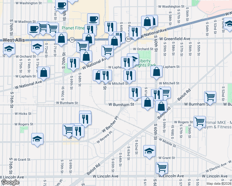 map of restaurants, bars, coffee shops, grocery stores, and more near 1754 South 65th Street in West Allis