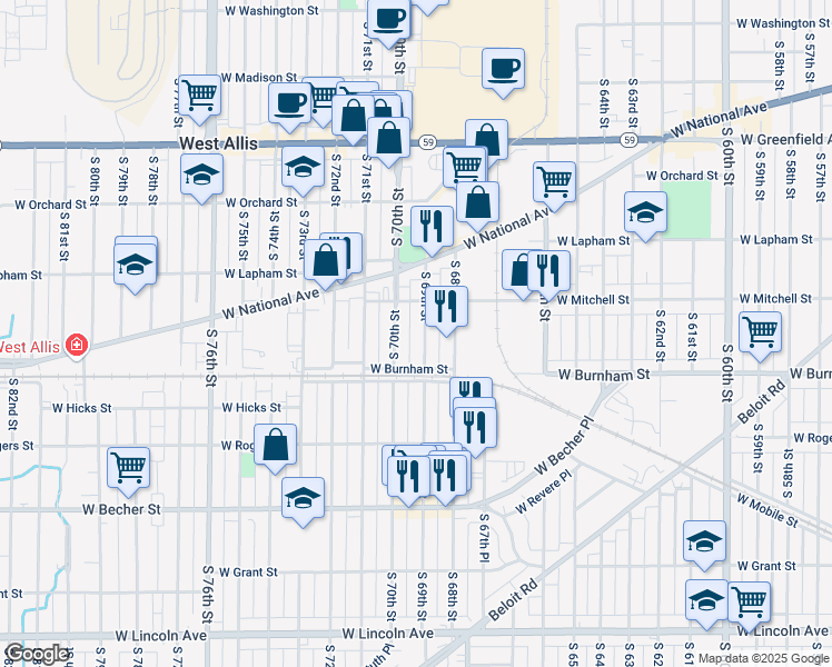 map of restaurants, bars, coffee shops, grocery stores, and more near 1752 South 69th Street in West Allis