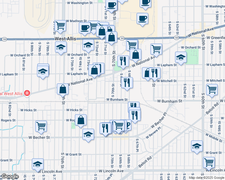 map of restaurants, bars, coffee shops, grocery stores, and more near 1753 South 70th Street in West Allis