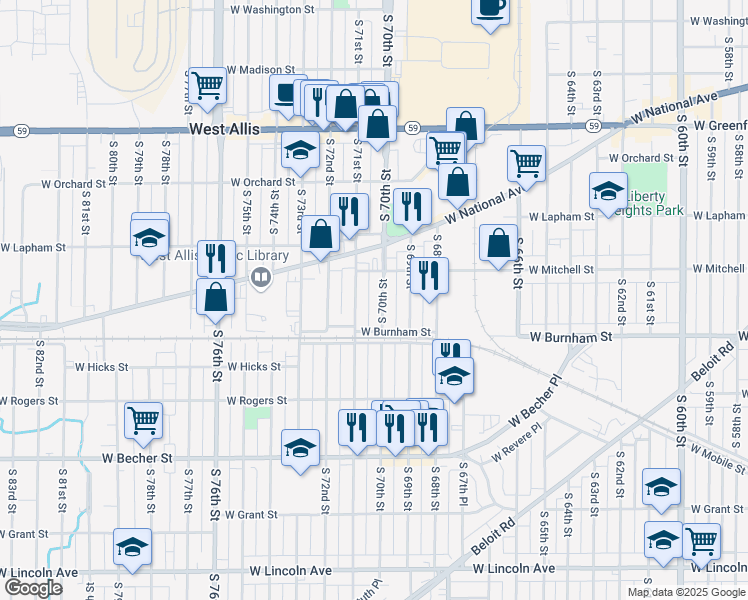 map of restaurants, bars, coffee shops, grocery stores, and more near 1753 South 70th Street in West Allis