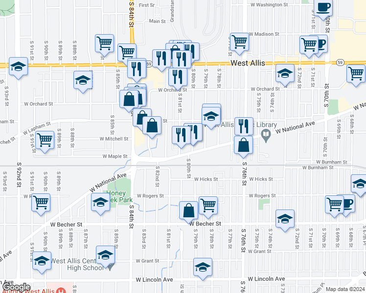 map of restaurants, bars, coffee shops, grocery stores, and more near 7928 West National Avenue in West Allis