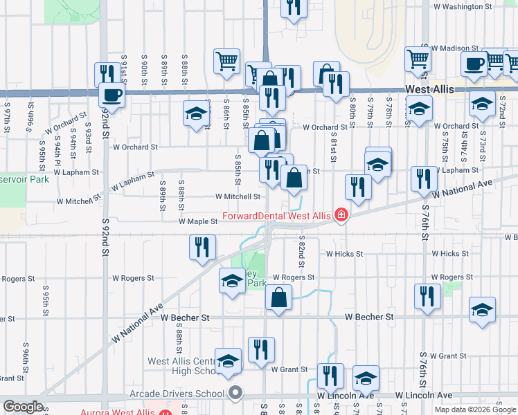 map of restaurants, bars, coffee shops, grocery stores, and more near 8338 West National Avenue in West Allis