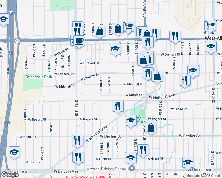 map of restaurants, bars, coffee shops, grocery stores, and more near 8716 West Maple Street in West Allis