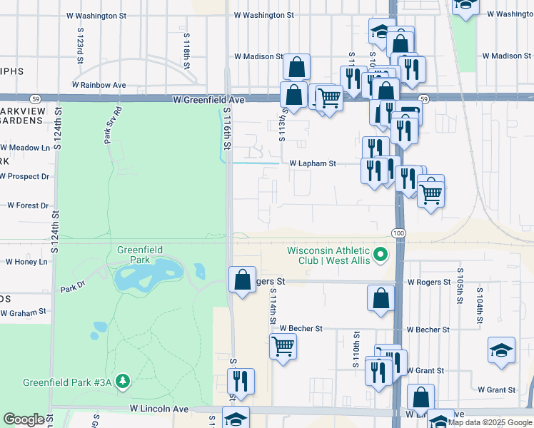 map of restaurants, bars, coffee shops, grocery stores, and more near 1736 South 115 Court in West Allis