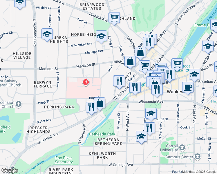 map of restaurants, bars, coffee shops, grocery stores, and more near 300 West North Street in Waukesha