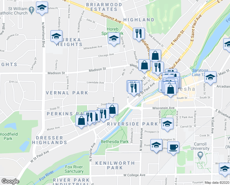 map of restaurants, bars, coffee shops, grocery stores, and more near 3 Mountain Avenue in Waukesha