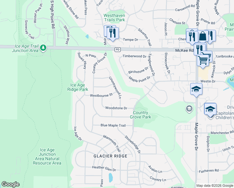 map of restaurants, bars, coffee shops, grocery stores, and more near 7117 Countrywood Lane in Madison