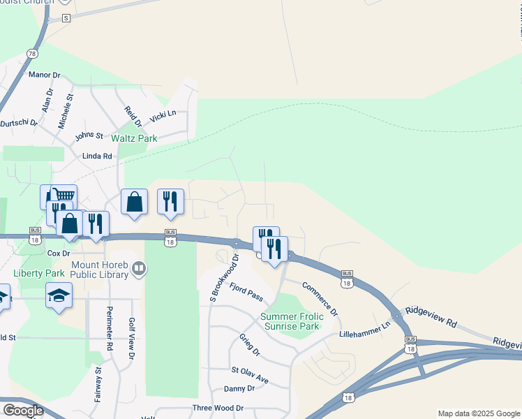 map of restaurants, bars, coffee shops, grocery stores, and more near 1917 Fox Run in Mount Horeb