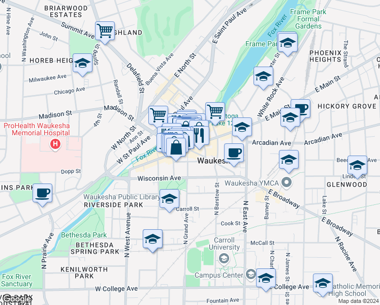 map of restaurants, bars, coffee shops, grocery stores, and more near in Waukesha