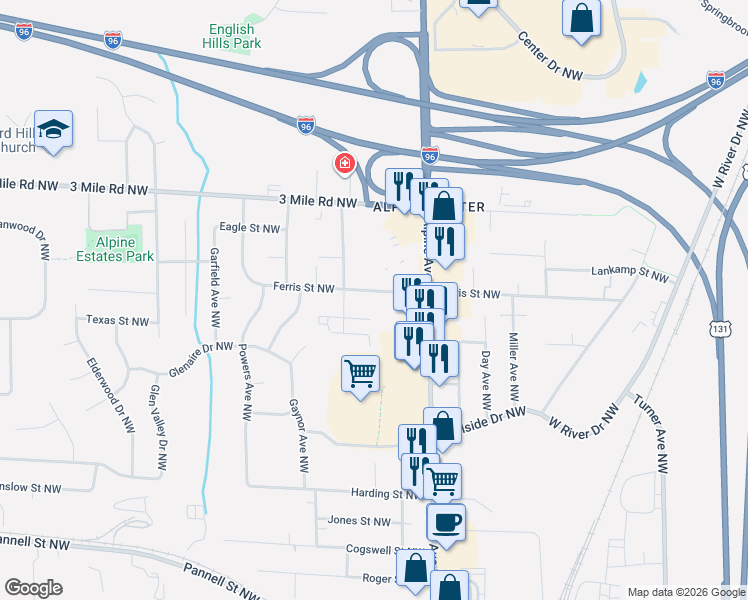 map of restaurants, bars, coffee shops, grocery stores, and more near 841 Barbara Street Northwest in Grand Rapids