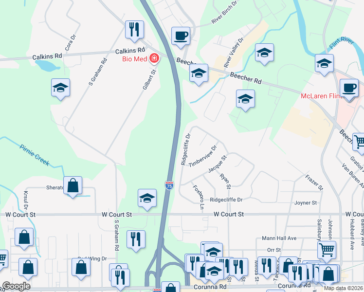 map of restaurants, bars, coffee shops, grocery stores, and more near 3477 Ridgecliffe Drive in Flint