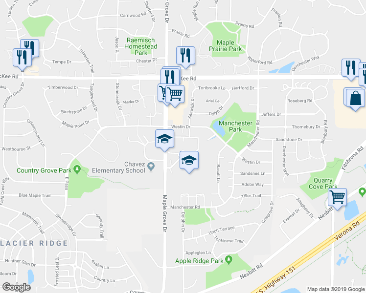 map of restaurants, bars, coffee shops, grocery stores, and more near 3401 Maple Grove Drive in Madison