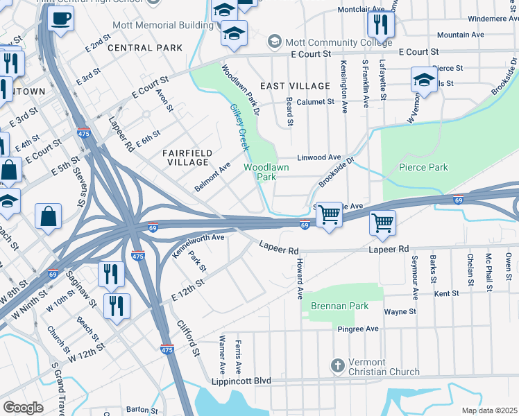 map of restaurants, bars, coffee shops, grocery stores, and more near 1626 Brookside Drive in Flint