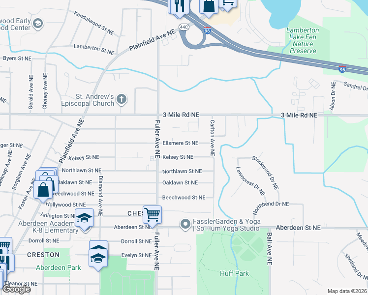 map of restaurants, bars, coffee shops, grocery stores, and more near 1251 Kelsey Street Northeast in Grand Rapids