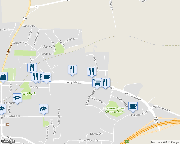map of restaurants, bars, coffee shops, grocery stores, and more near 1925 Eastwood Way in Mount Horeb