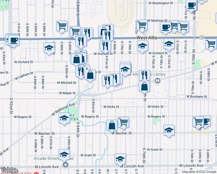 map of restaurants, bars, coffee shops, grocery stores, and more near 1718 South 81st Street in West Allis