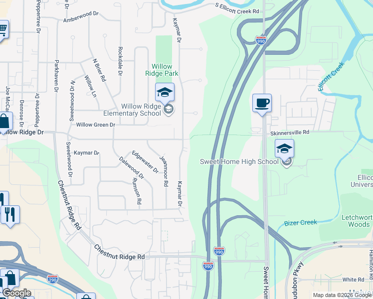 map of restaurants, bars, coffee shops, grocery stores, and more near 467 Kaymar Drive in Buffalo