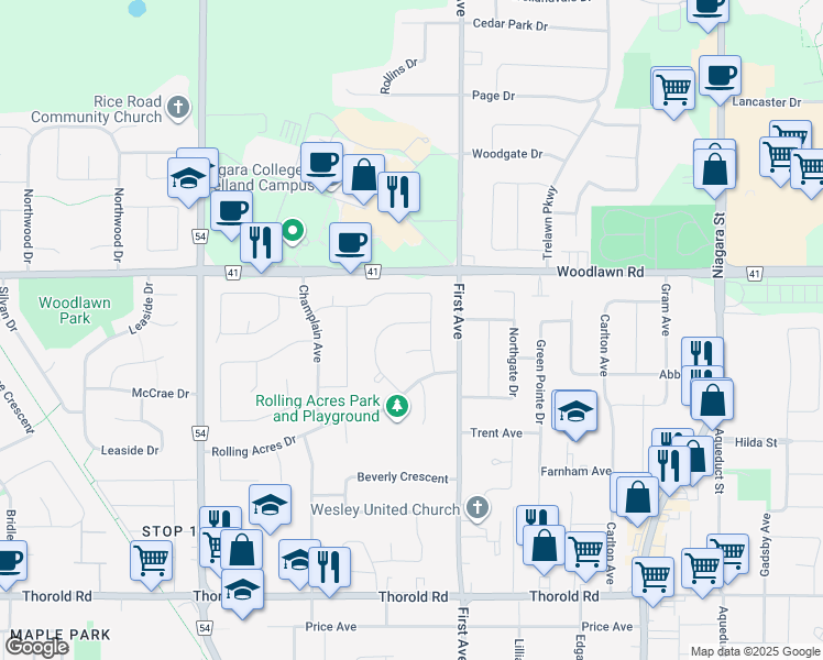 map of restaurants, bars, coffee shops, grocery stores, and more near 77 Sherwood Forest Trail in Welland