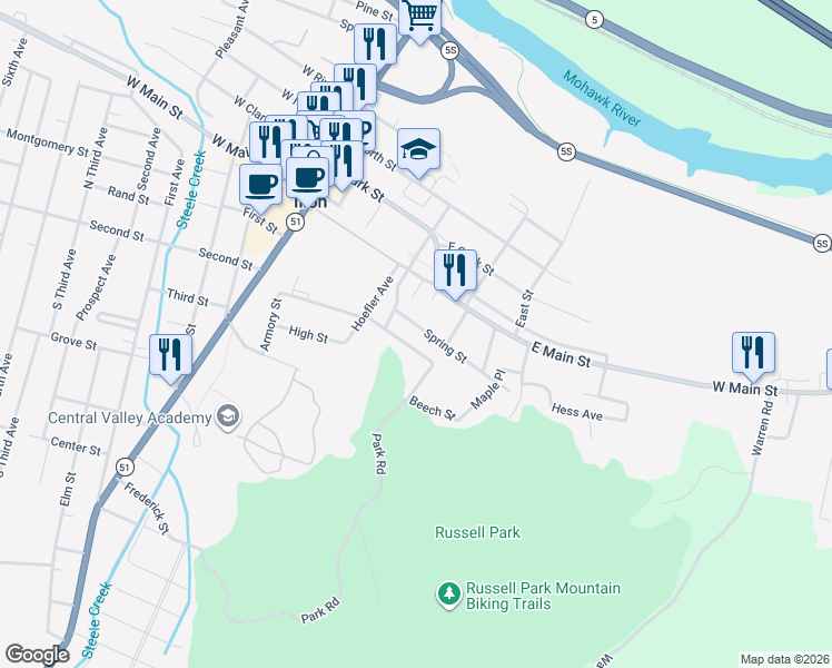 map of restaurants, bars, coffee shops, grocery stores, and more near 47 Highland Avenue in Ilion