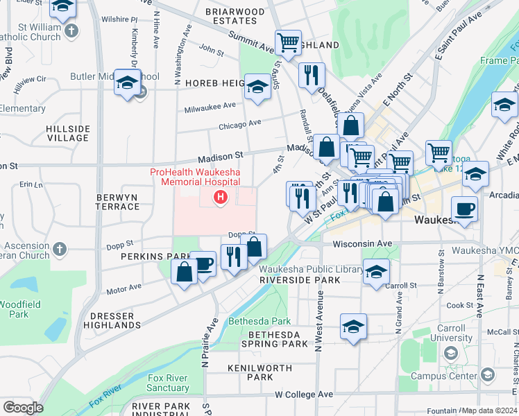 map of restaurants, bars, coffee shops, grocery stores, and more near 235 Mountain Avenue in Waukesha