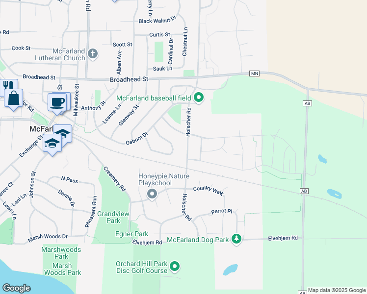 map of restaurants, bars, coffee shops, grocery stores, and more near 5944 Holscher Road in McFarland
