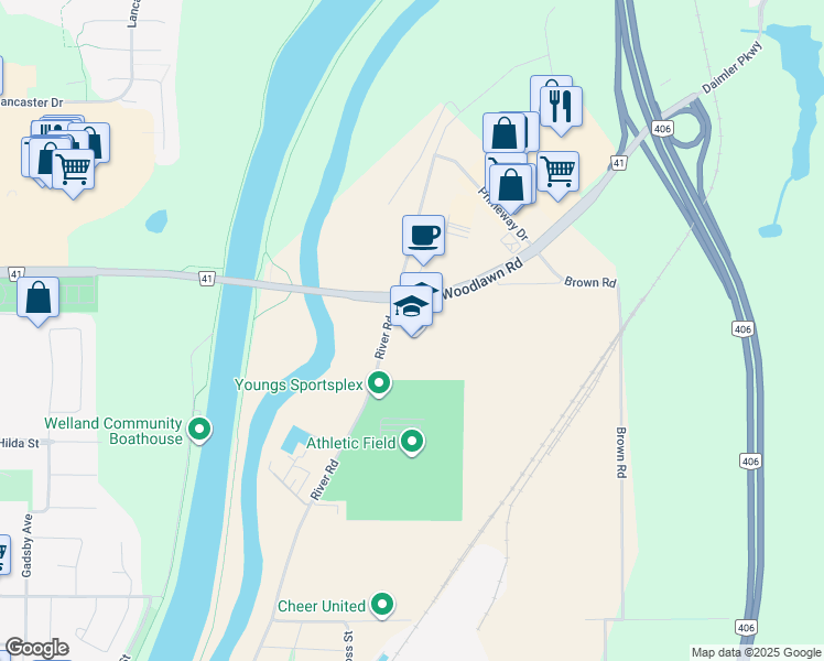 map of restaurants, bars, coffee shops, grocery stores, and more near 620 River Road in Welland