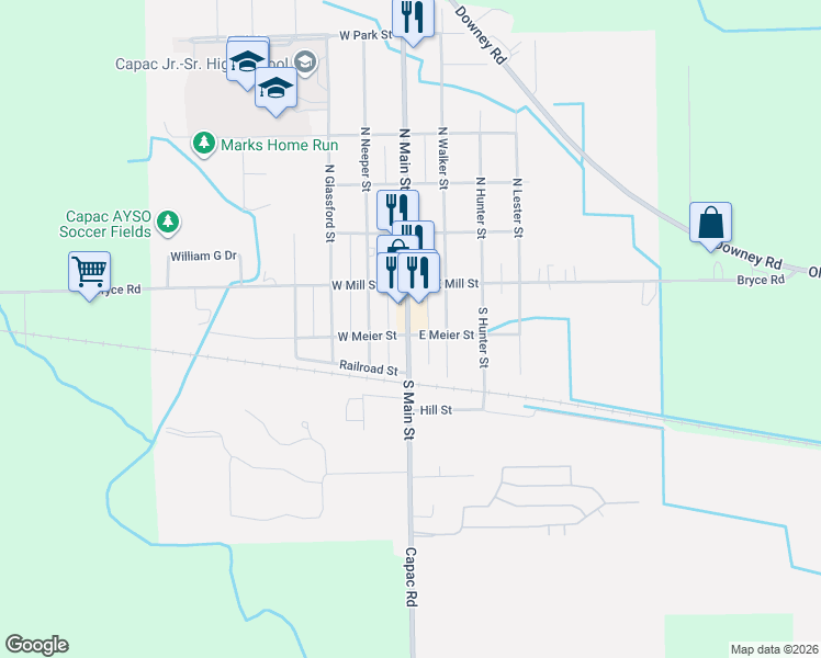 map of restaurants, bars, coffee shops, grocery stores, and more near 203 South Main Street in Capac