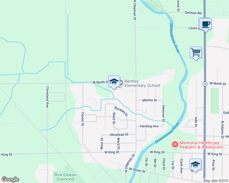 map of restaurants, bars, coffee shops, grocery stores, and more near 1375 West North Street in Owosso