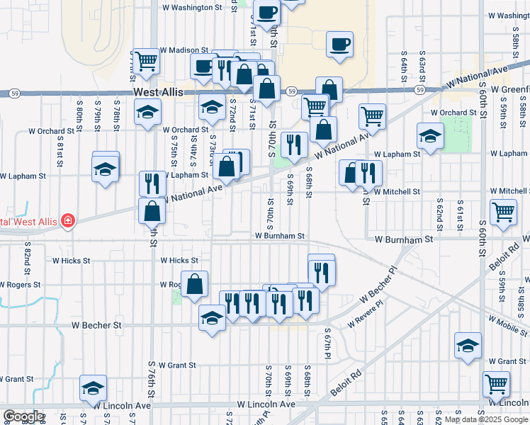 map of restaurants, bars, coffee shops, grocery stores, and more near 1753 South 70th Street in West Allis