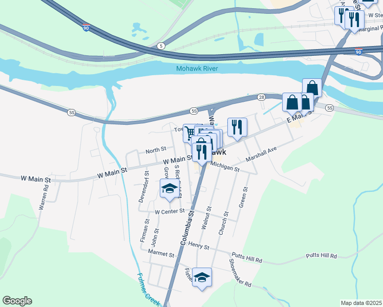 map of restaurants, bars, coffee shops, grocery stores, and more near 29 West Main Street in Mohawk
