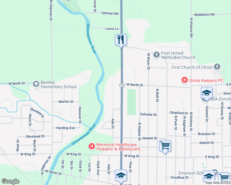 map of restaurants, bars, coffee shops, grocery stores, and more near 1233 North Shiawassee Street in Owosso