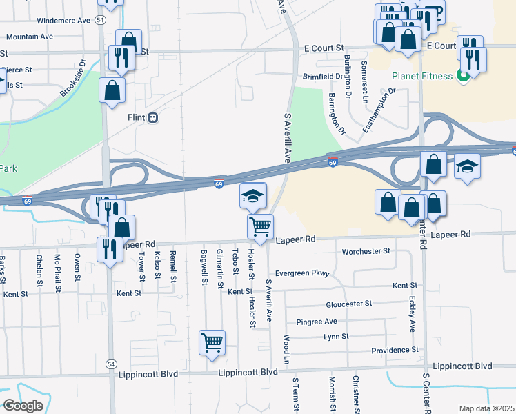 map of restaurants, bars, coffee shops, grocery stores, and more near 1602 South Averill Avenue in Flint