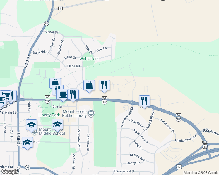 map of restaurants, bars, coffee shops, grocery stores, and more near 1730 County Highway ID in Mount Horeb