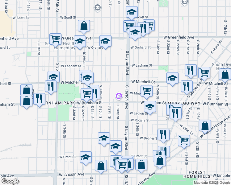 map of restaurants, bars, coffee shops, grocery stores, and more near 1813 South 28th Street in Milwaukee