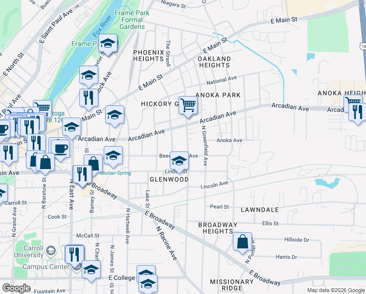 map of restaurants, bars, coffee shops, grocery stores, and more near 820 Beechwood Avenue in Waukesha